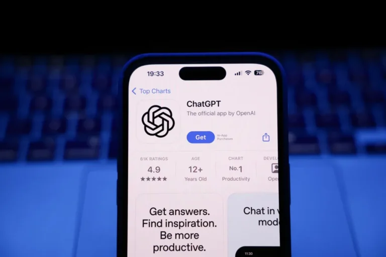 Smartphone screen displaying the ChatGPT app page on the App Store, showing a 4.9-star rating and "Get" button.