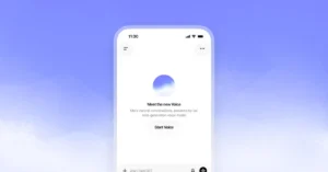 Smartphone screen displaying "Meet the new Voice" with a circular gradient icon and "Start Voice" button, on a blue backgr...
