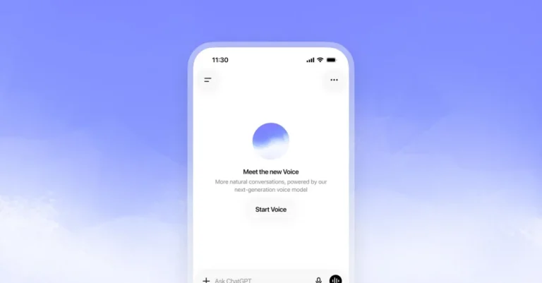 Smartphone screen displaying "Meet the new Voice" with a circular gradient icon and "Start Voice" button, on a blue backgr...