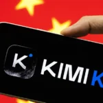 Hand holding a smartphone displaying the KIMI K3 logo, with a blurred Chinese flag in the background.