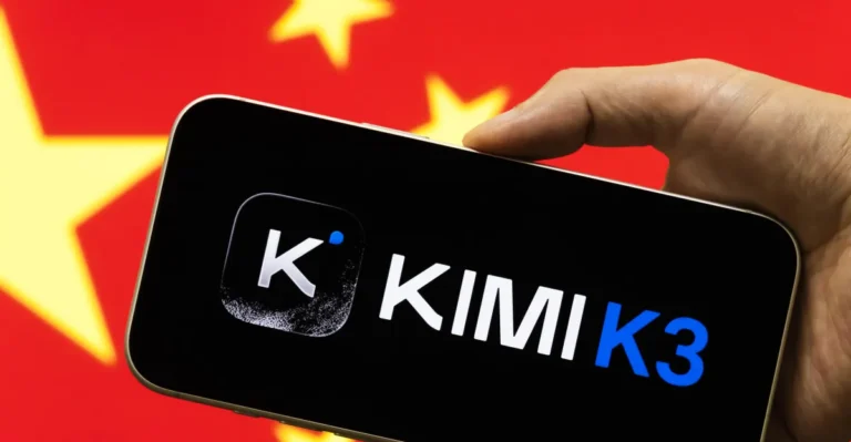 Hand holding a smartphone displaying the KIMI K3 logo, with a blurred Chinese flag in the background.
