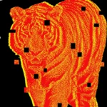 Abstract digital artwork featuring a pixelated orange tiger surrounded by silhouettes of cowboys with lassos on a black ba...