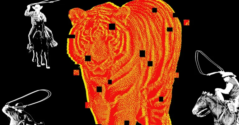 Abstract digital artwork featuring a pixelated orange tiger surrounded by silhouettes of cowboys with lassos on a black ba...