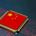 Computer chip with Chinese flag design, surrounded by red circuitry on a dark background.