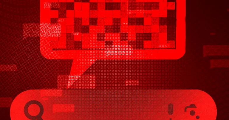 Red digital abstract with pixelated patterns and a magnifying glass icon on the bottom left.