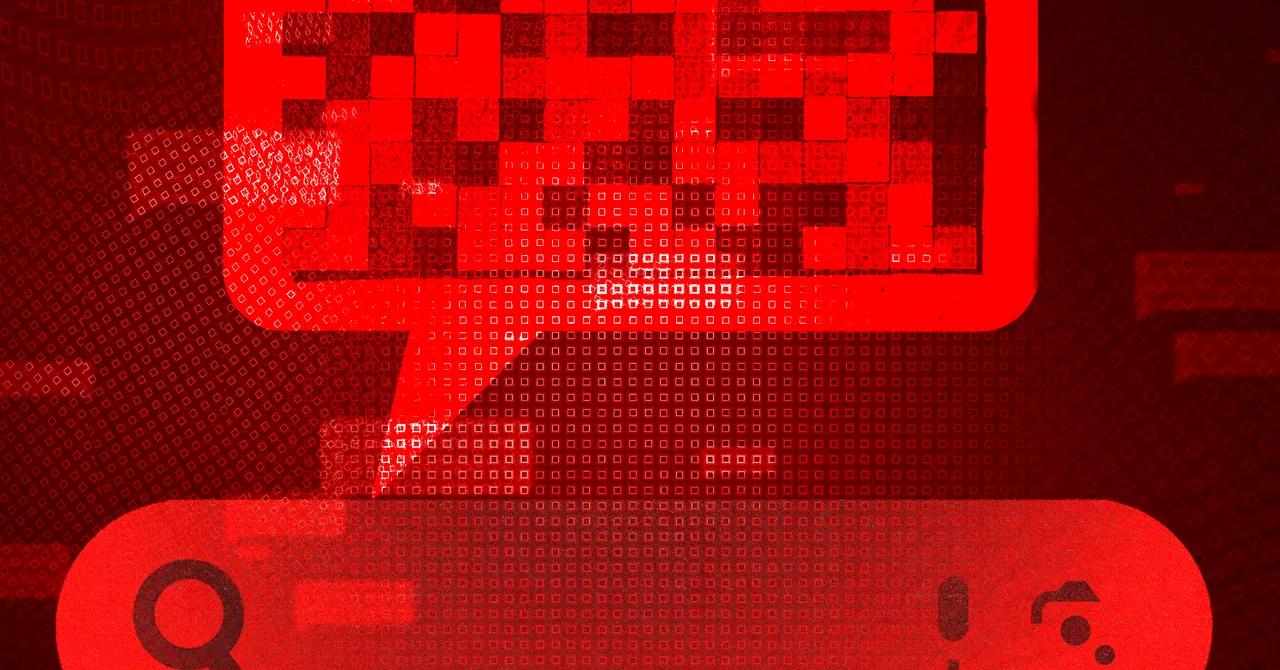 Red digital abstract with pixelated patterns and a magnifying glass icon on the bottom left.