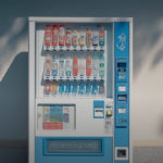 Vending machine with various drinks inside, set against a light-colored wall, surrounded by subtle shadows.