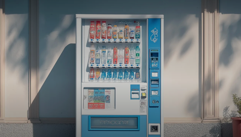 Vending machine with various drinks inside, set against a light-colored wall, surrounded by subtle shadows.