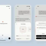 Three smartphone screens showing a chat interface with Claude AI, voice settings, and an external connector request.