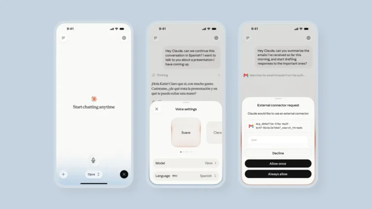 Three smartphone screens showing a chat interface with Claude AI, voice settings, and an external connector request.