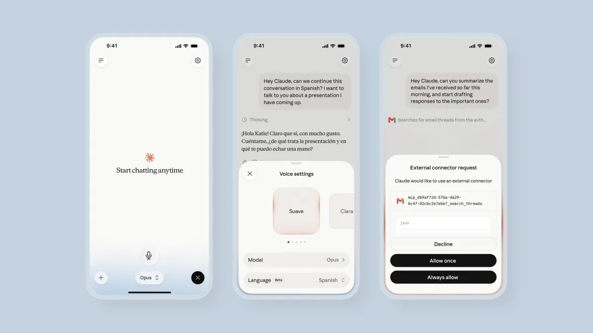 Three smartphone screens showing a chat interface with Claude AI, voice settings, and an external connector request.