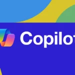 Colorful Copilot logo with gradient icon and text on a blue background, surrounded by green and yellow shapes.