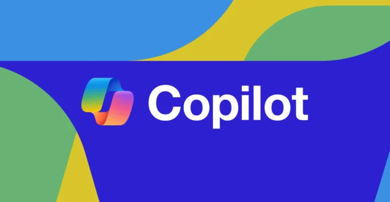 Colorful Copilot logo with gradient icon and text on a blue background, surrounded by green and yellow shapes.