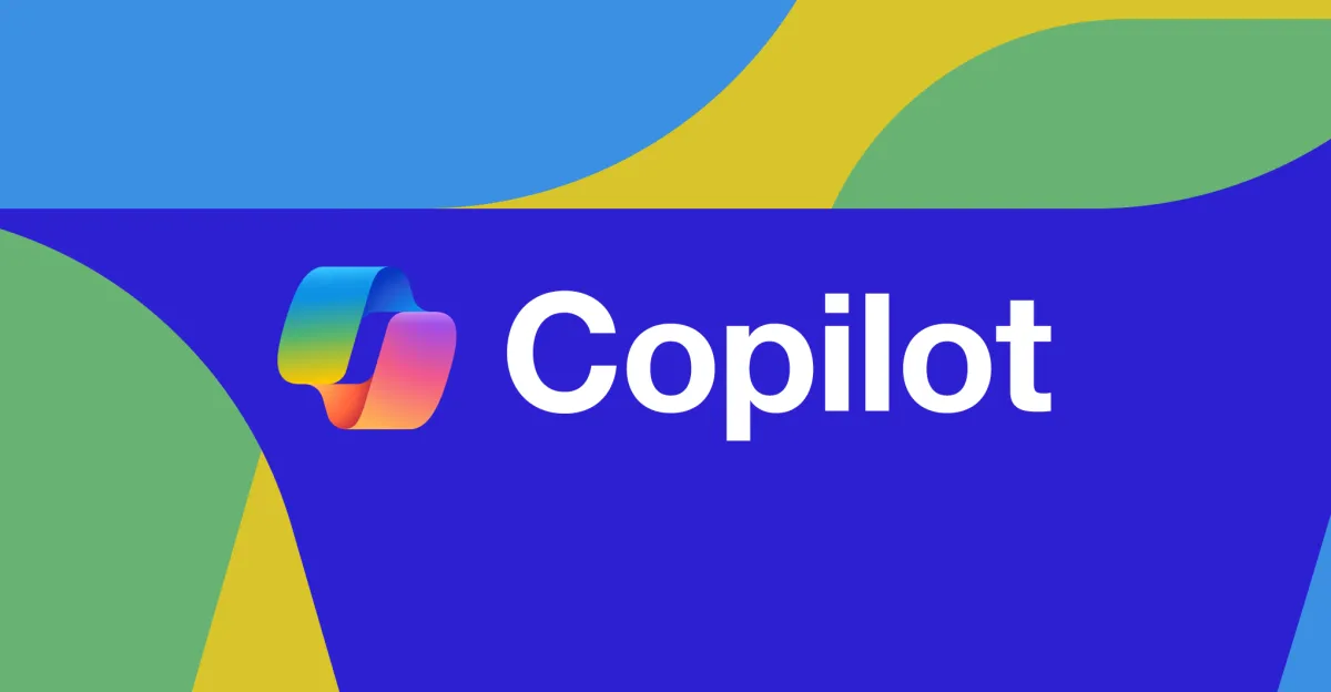 Colorful Copilot logo with gradient icon and text on a blue background, surrounded by green and yellow shapes.