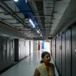 Dimly lit data center hallway with server racks on both sides and a person walking in the foreground