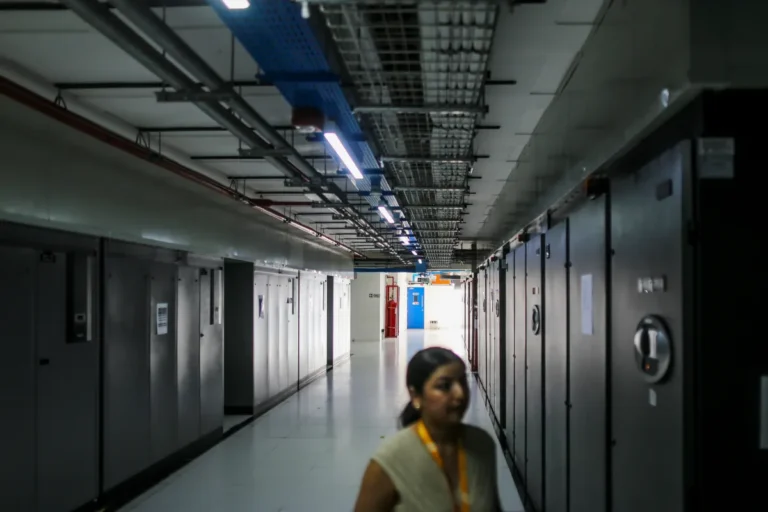 Dimly lit data center hallway with server racks on both sides and a person walking in the foreground