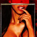 Woman's torso with finger on lips framed against a red background with numbers and digital patterns