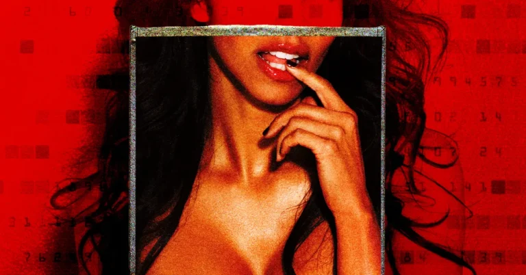 Woman's torso with finger on lips framed against a red background with numbers and digital patterns