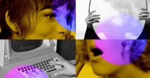 Collage with vintage computer, hands typing, close-up of eyes and mouth, hands holding a mirror with clouds, colorful over...