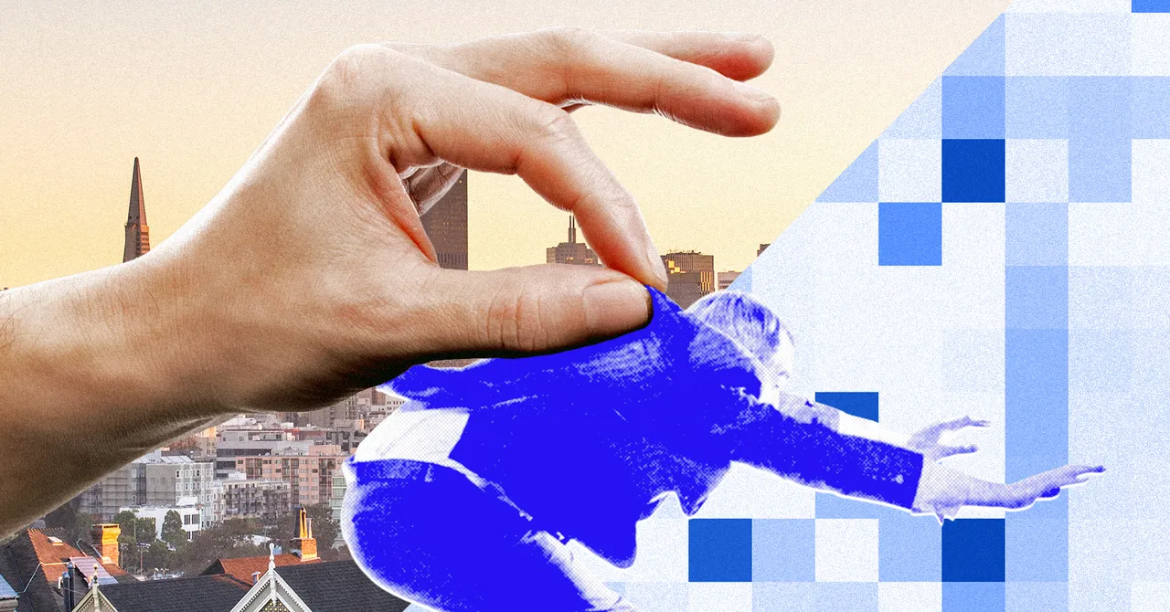 Hand pinching a pixelated blue figure against a city skyline, with blue and white pixelated background.