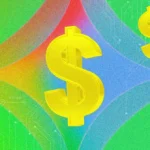 Three large yellow dollar signs on a colorful, abstract background with a digital circuit pattern.