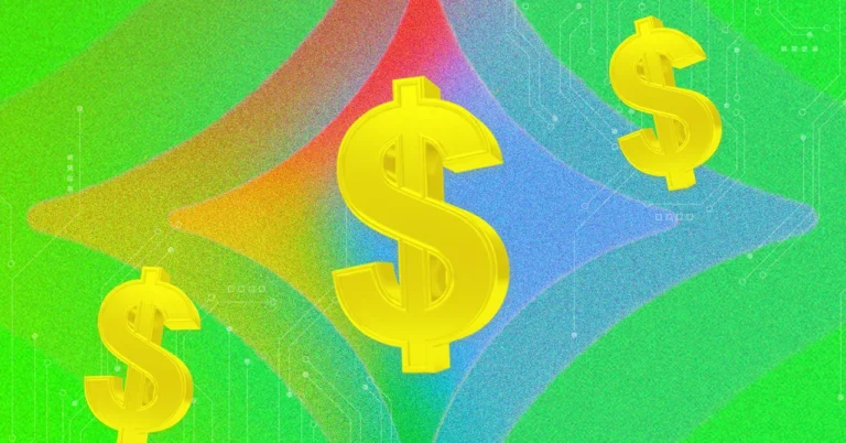 Three large yellow dollar signs on a colorful, abstract background with a digital circuit pattern.