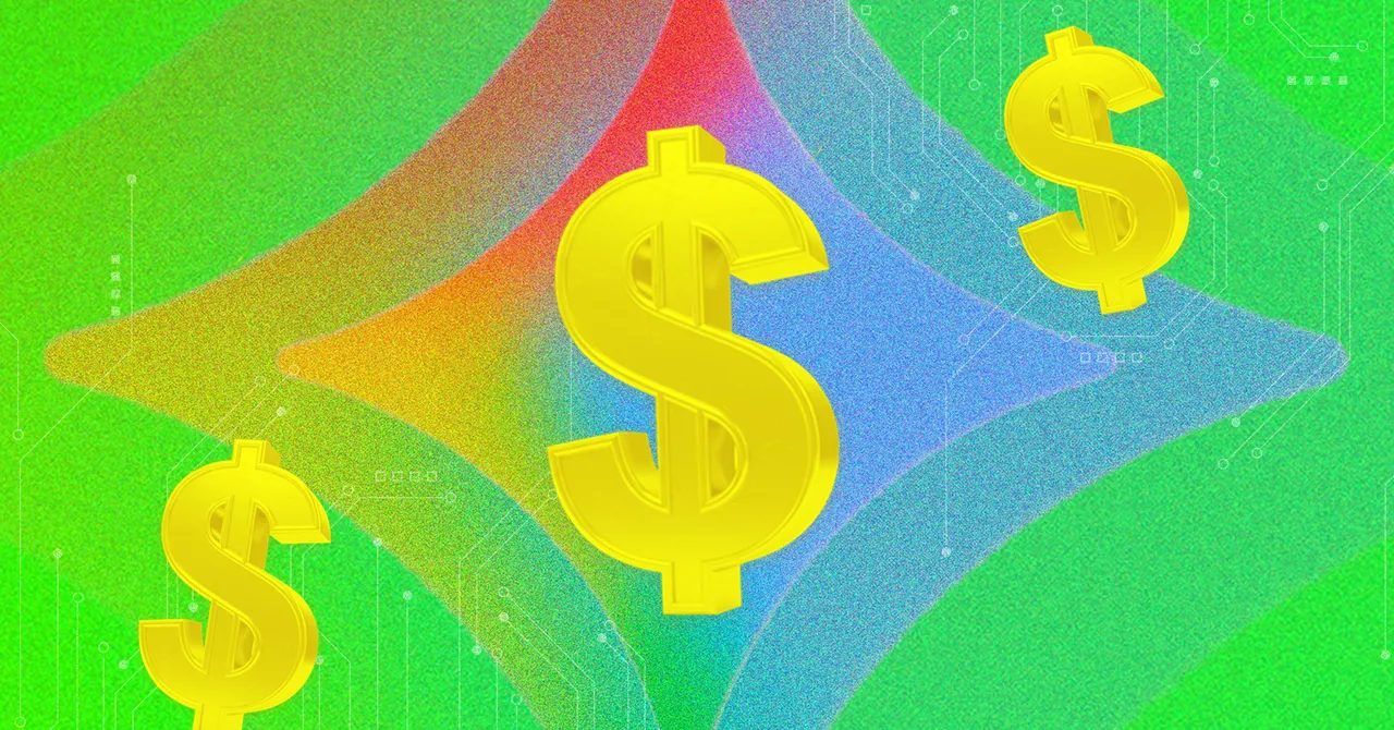 Three large yellow dollar signs on a colorful, abstract background with a digital circuit pattern.