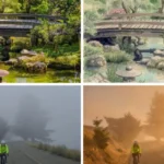 Four-panel image showing a garden bridge and a cyclist on a foggy road in different weather and artistic styles.