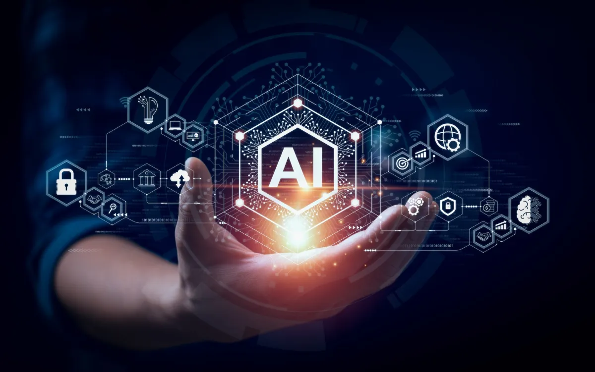 Hand holding a glowing hexagon with AI text, surrounded by digital symbols of technology and security in a dark background
