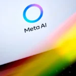 Meta AI logo on a screen with vibrant light streaks in yellow, red, and green.