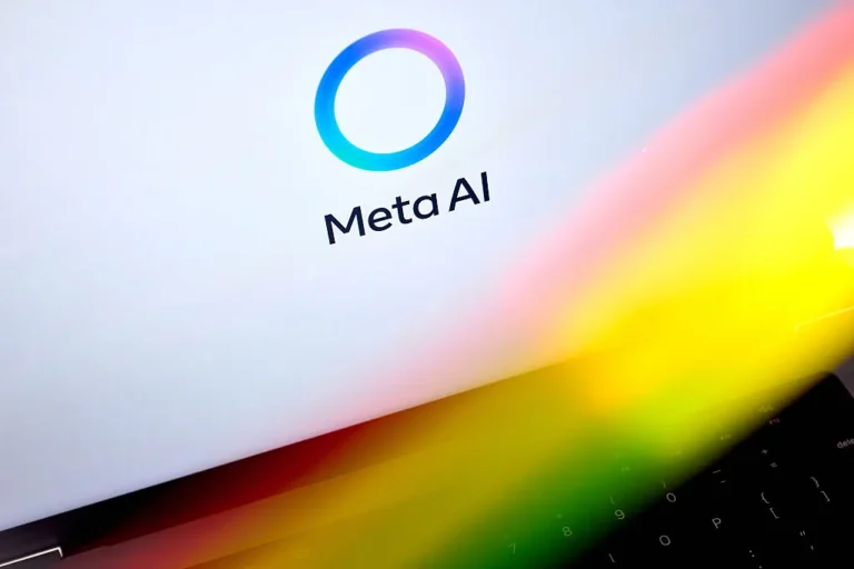 Meta AI logo on a screen with vibrant light streaks in yellow, red, and green.