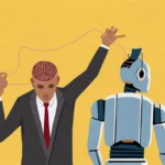 Man in suit connects brain to robot with cable on yellow background.