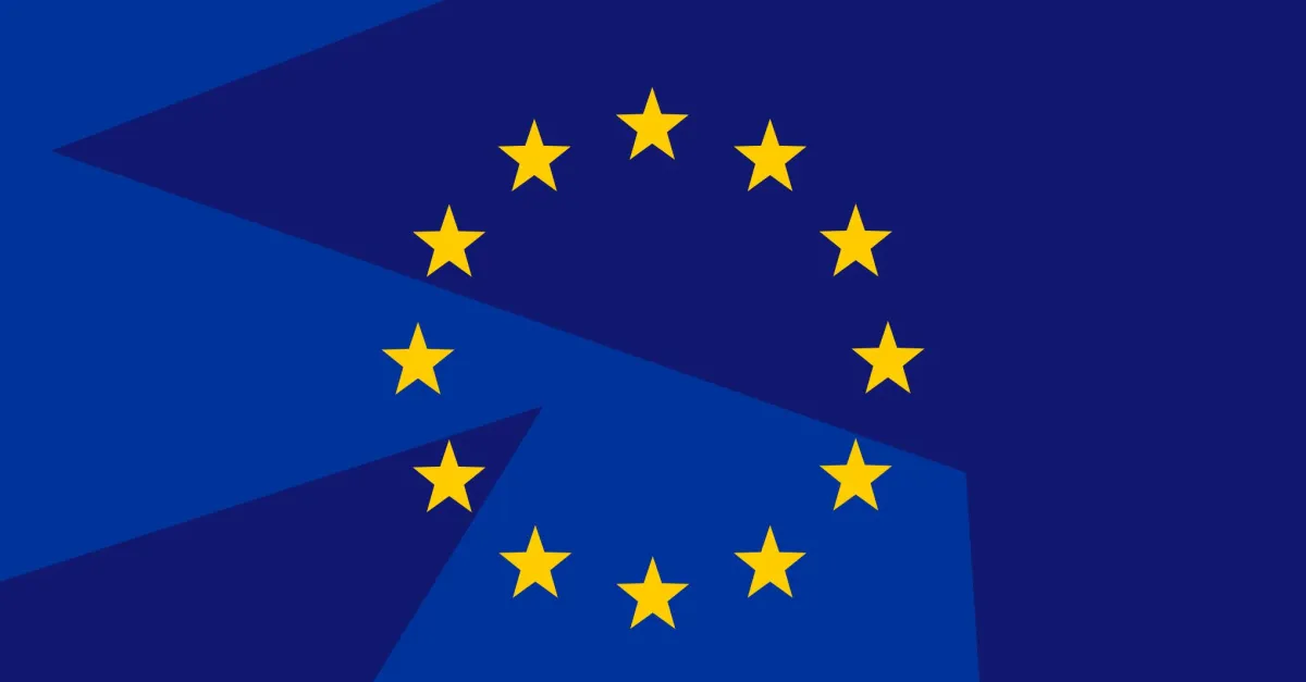 European Union flag with twelve yellow stars in a circle on a blue background.