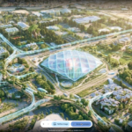 Futuristic cityscape with greenery, glass dome, and tall structure; overlay of digital blue lines; on-screen text: refine...