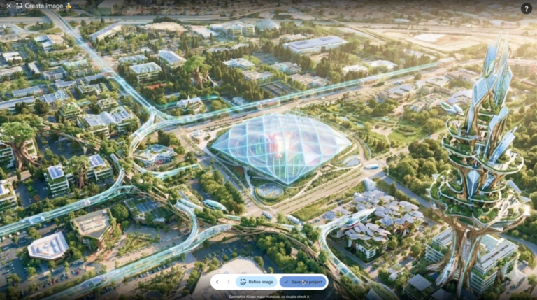 Futuristic cityscape with greenery, glass dome, and tall structure; overlay of digital blue lines; on-screen text: refine...