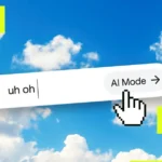 Search bar with text "uh oh", cursor pointing to "AI Mode" button, cloudy sky background, yellow pixel squares.