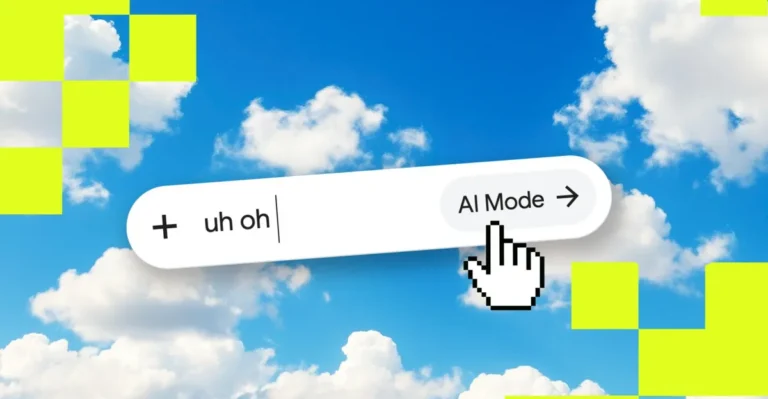 Search bar with text "uh oh", cursor pointing to "AI Mode" button, cloudy sky background, yellow pixel squares.