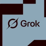 Grok logo with a stylized circle and swoosh on a blue and black geometric background.