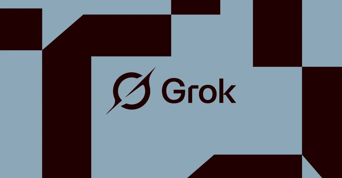 Grok logo with a stylized circle and swoosh on a blue and black geometric background.