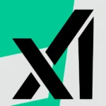 Black stylized "xAI" logo on a teal and gray abstract background.