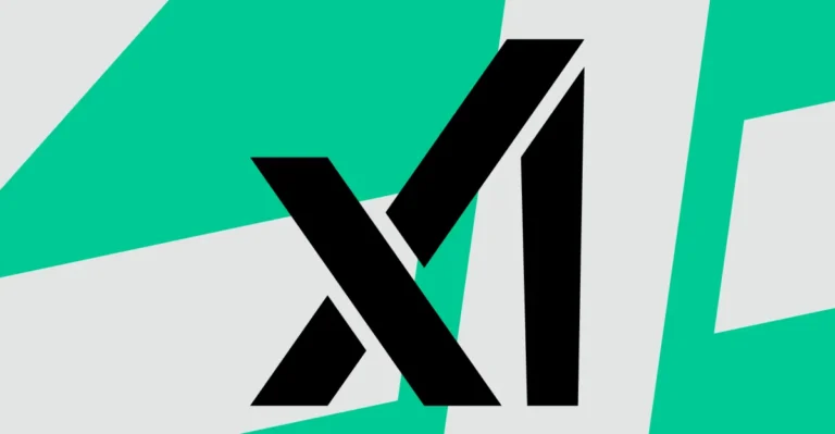Black stylized "xAI" logo on a teal and gray abstract background.