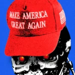 Humanoid robot with glowing red eyes wearing a red "Make America Great Again" hat against a blue background.