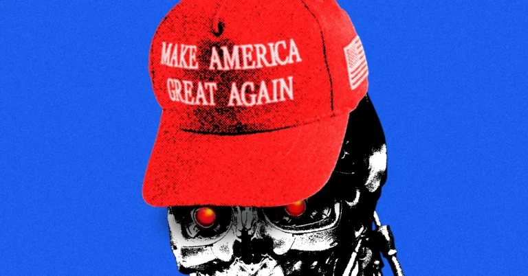 Humanoid robot with glowing red eyes wearing a red "Make America Great Again" hat against a blue background.