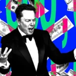 Man in a tuxedo gesturing with hands, surrounded by floating dollar bills on a vibrant blue and green background.