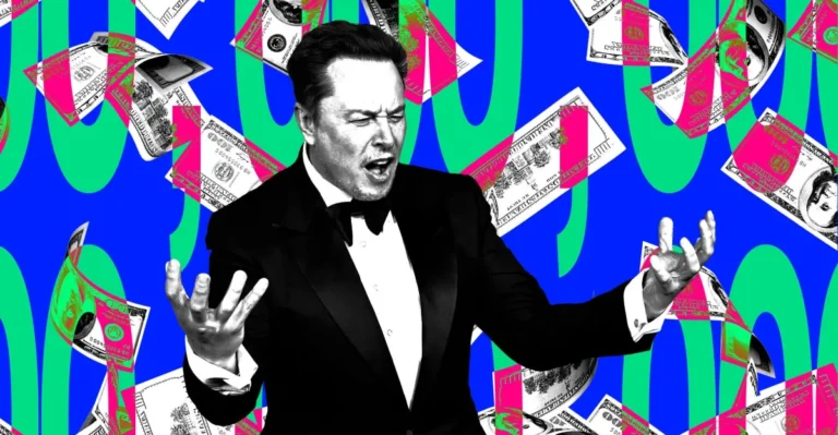 Man in a tuxedo gesturing with hands, surrounded by floating dollar bills on a vibrant blue and green background.