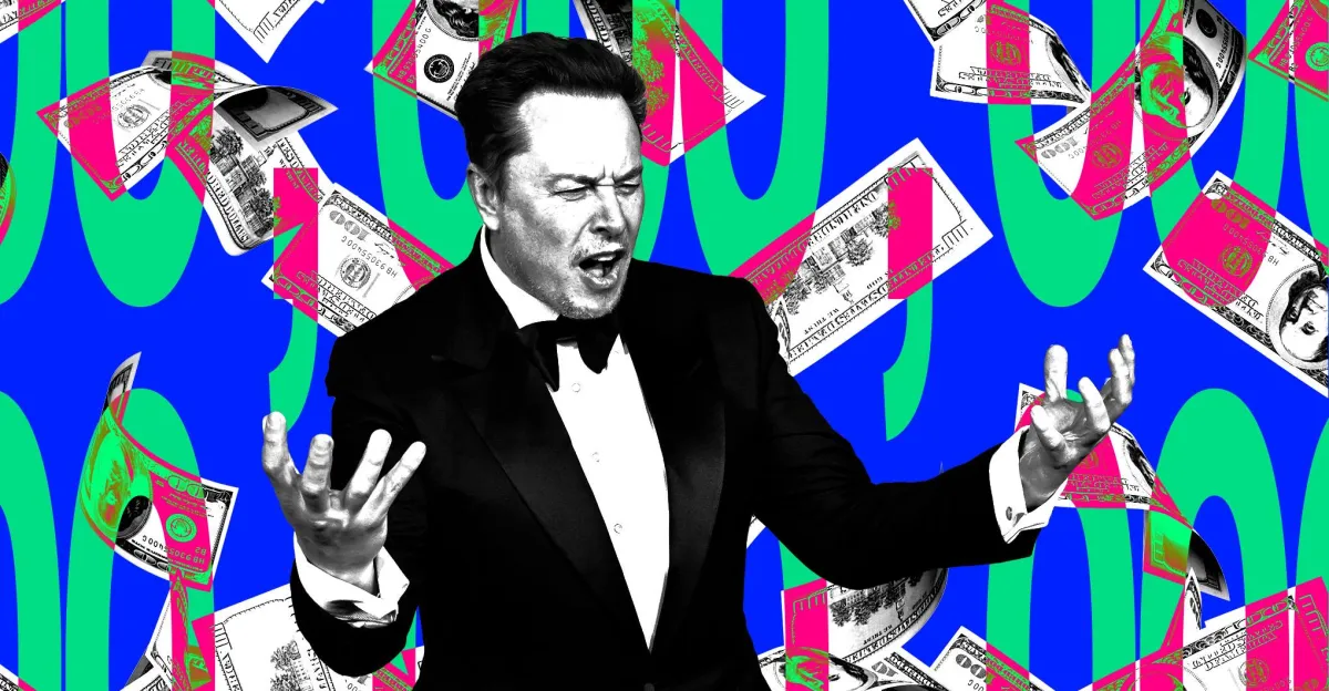 Man in a tuxedo gesturing with hands, surrounded by floating dollar bills on a vibrant blue and green background.