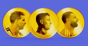 Three gold coins with side profiles of three different people, set on a blue background.