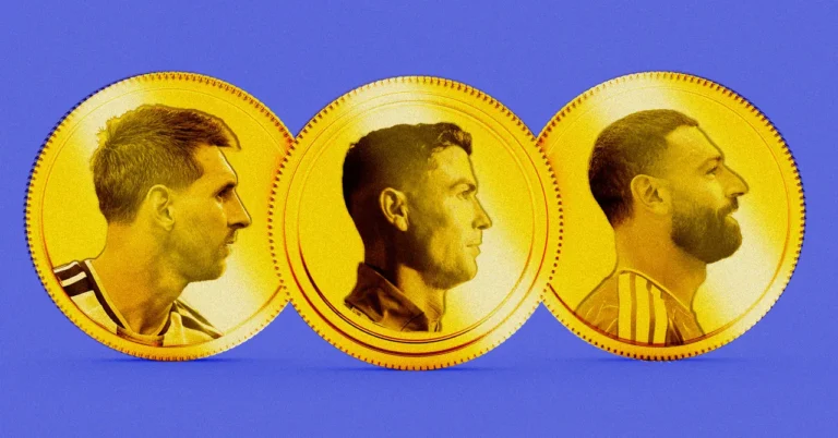 Three gold coins with side profiles of three different people, set on a blue background.