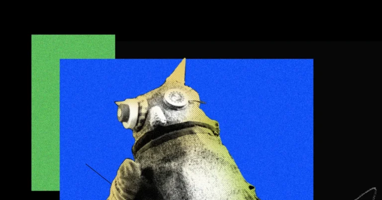 Abstract puppet figure with goggles set against a blue and green geometric background