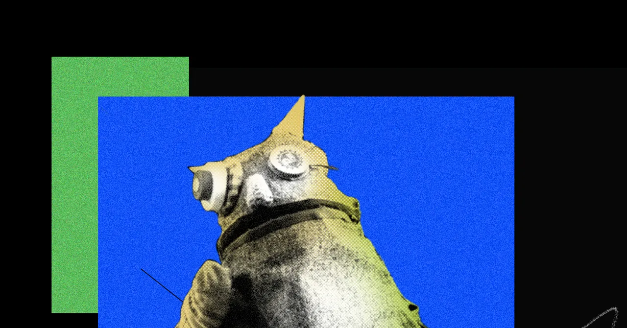 Abstract puppet figure with goggles set against a blue and green geometric background